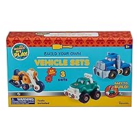 Toysmith Build Your Own Vehicle Set, Build 3 Different Vehicles from 84 Pieces, Set Includes Motorcycle, Off-Road Truck & Semi-Truck, Interactive DIY Toys, Great Gift for Boys and Girls, for Ages 3+
