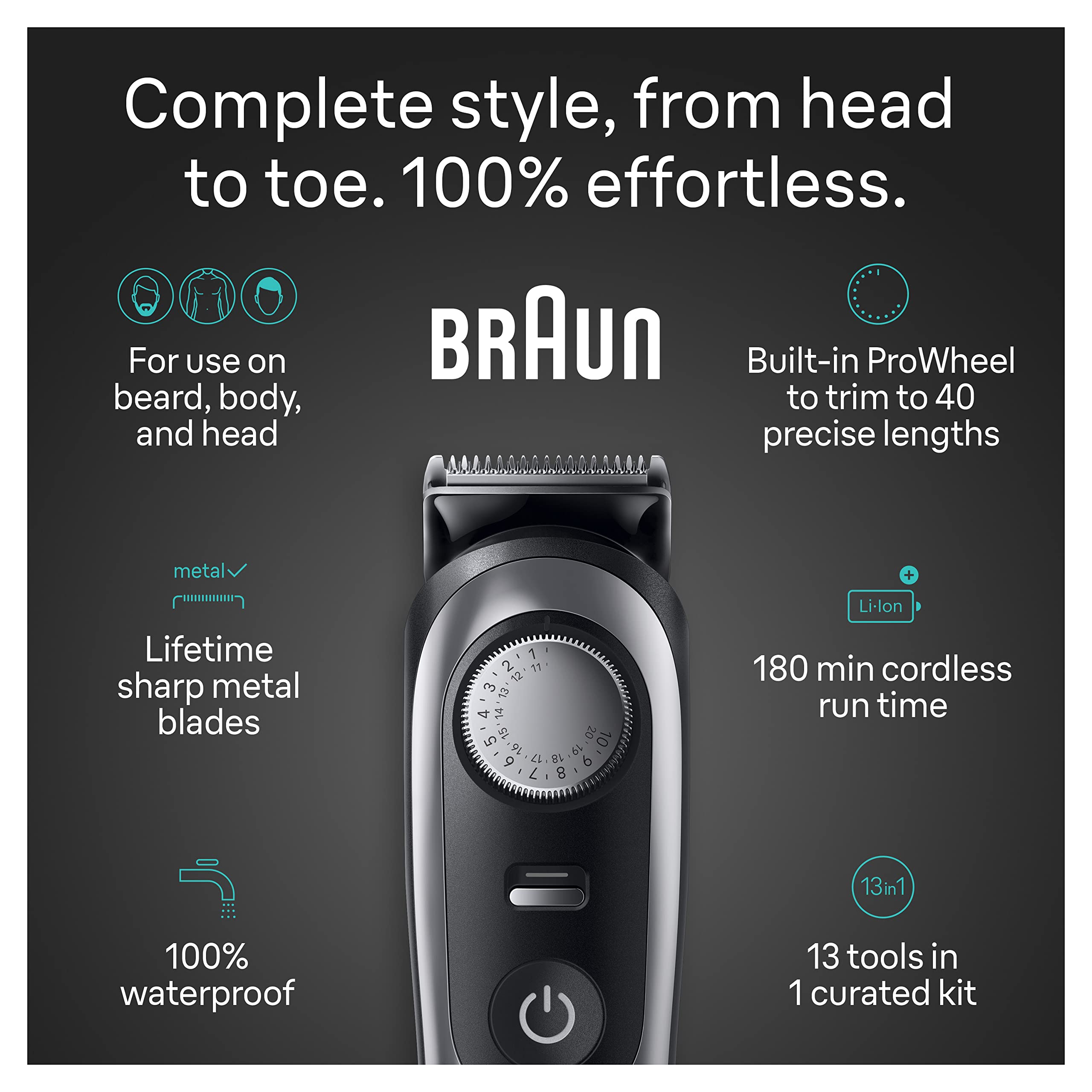 Braun All-in-One Style Kit Series 9 9440, 13-in-1 Trimmer for Men with Beard Trimmer, Body Trimmer for Manscaping, Hair Clippers & More, Braun’s Sharpest Blade, 40 Length Settings,