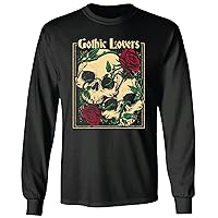 Gothic Lovers LS T-Shirt Cool Design with 2 Skulls and Roses for Gothic Fans Black and Muticolor Unisex Long Sleeve T Shirt