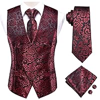 Hi-Tie Men's Red and Black Floral Suit Vest and Tie Set Formal 4pc Silk Dress Waistcoat Necktie and Pocket Square Set for Wedding Party or Tuxedo