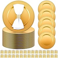 100 Pcs(50 set) Charger Plates Bulk with Napkin Rings Set Include 50 Plastic Beaded Plate Chargers 50 Napkin Rings 13'' Round Dinner Plate Chargers Set for Table Setting Wedding Party(Gold)