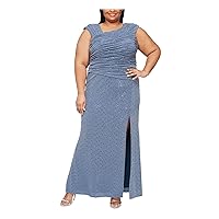 Alex Evenings Womens Blue Slitted Zippered Ruched Lined Embellished Sleeveless Asymmetrical Neckline Full-Length Evening Gown Dress Plus 22W