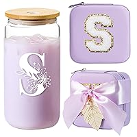 AYGXU Initial glass cup with bamboo lid,personalized gifts for women,iced coffee cups,small jewelry box,travel jewelry case organizer,small jewelry travel case,jewelry box for girls.Initial S purple