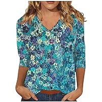 3/4 Sleeve Tops for Women, Smocked Tops Women Womens Summer Tops 2024 Women's 3/4 Sleeve Shirt Ladies Fashion V-Neck Blouse Summer Tunic Print Trendy 2024 Tee Tshirt Tops for (Cyan,X-Large)