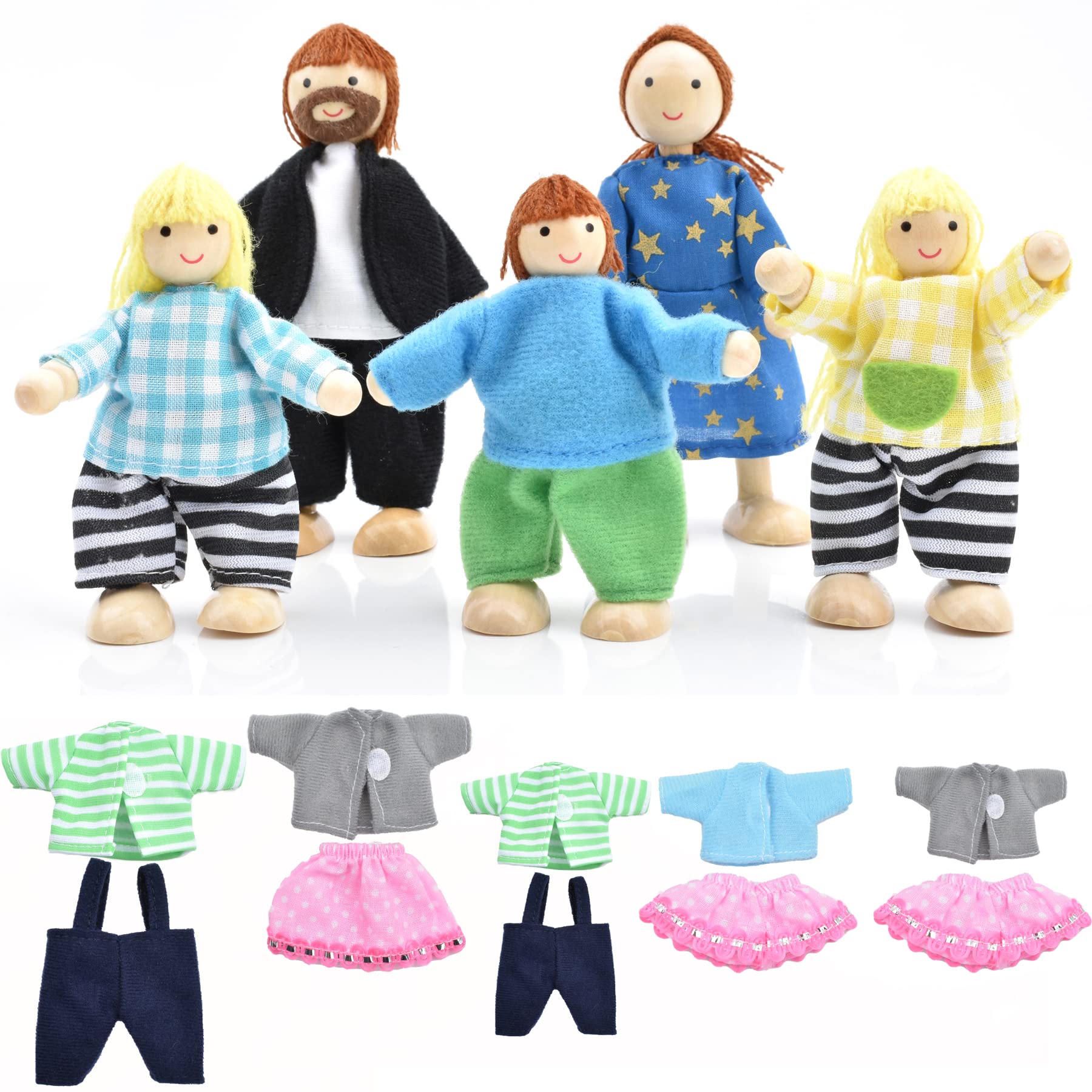 Wooden Family Dollhouse People with Set of Doll Clothes, Family Figures with Removeable Clothes for Dollhouse Pretend Play