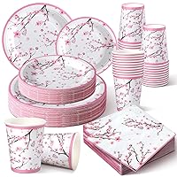 250 Pcs Cherry Blossom Party Decoration Baby Shower Disposable Tableware Sets Birthday Party Supplies Serves 50 Guests Disposable Plates Napkins and Cups for Baby Bridal Shower Birthday Party