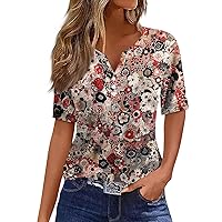 Womens Summer Tops, V Neck Button Short Sleeve Plus Size Summer Shirts Trendy Print Loose Fit Tops