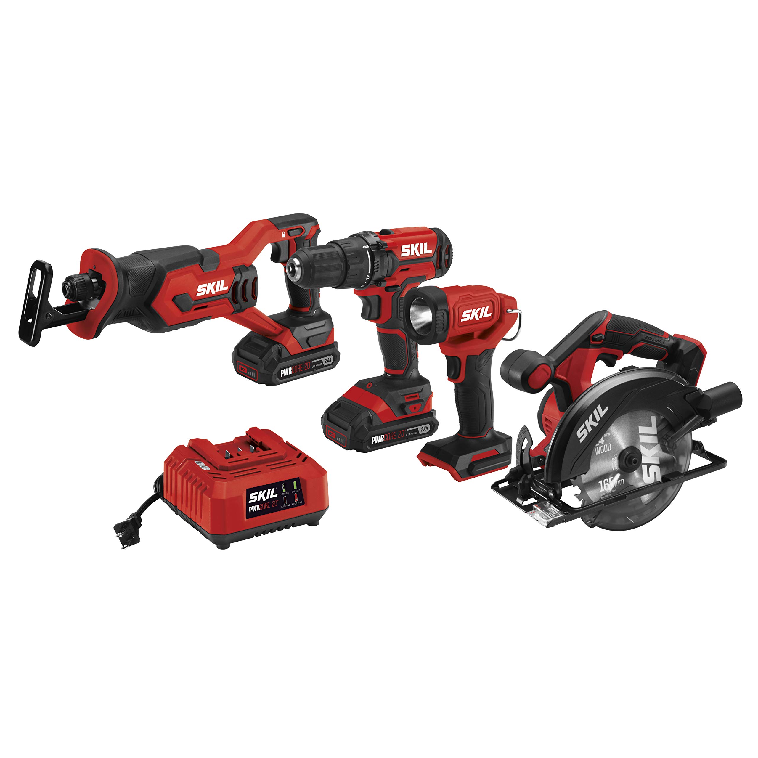 SKIL 20V 4-Tool Combo Kit: 20V Cordless Drill Driver Reciprocating Saw, Circular Saw and Spotlight, Includes Two 2.0Ah PWR CORE Lithium Batteries and One Charger - CB739701,Black, Red