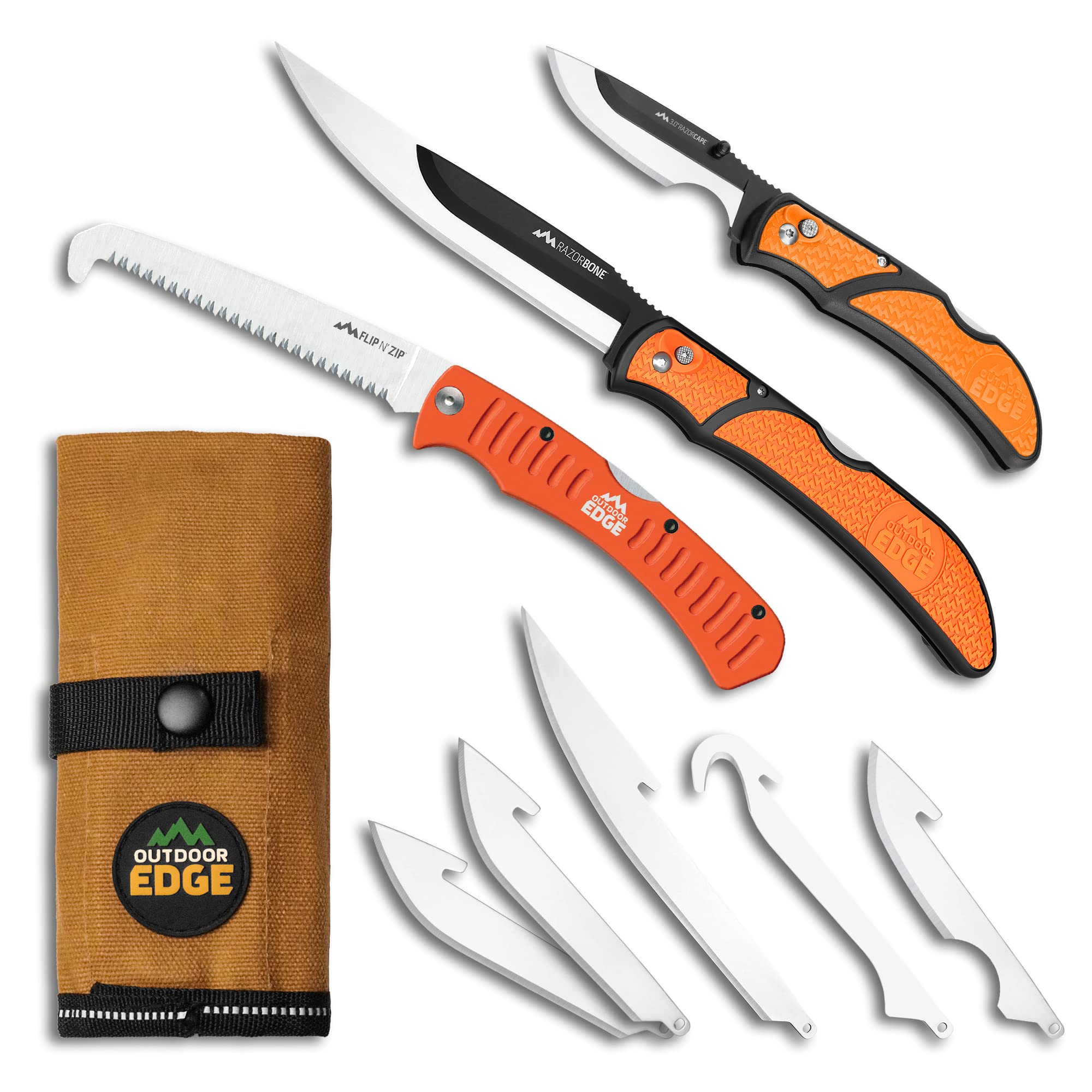 OUTDOOR EDGE Razor-Guide Pak, Includes RazorBone & RazorCape Replaceable Blade Knives & Flip N Zip Saw, all in a Compact Waxed Canvas Roll Pack