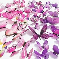 Butterfly Wall Decals 48PCS 3D Butterflies Decor Removable Mural Sticker Wall Art Home Decoration Kid Girl Bedroom Bathroom Baby Room Nursery Classroom Office Party (Pink Purple)