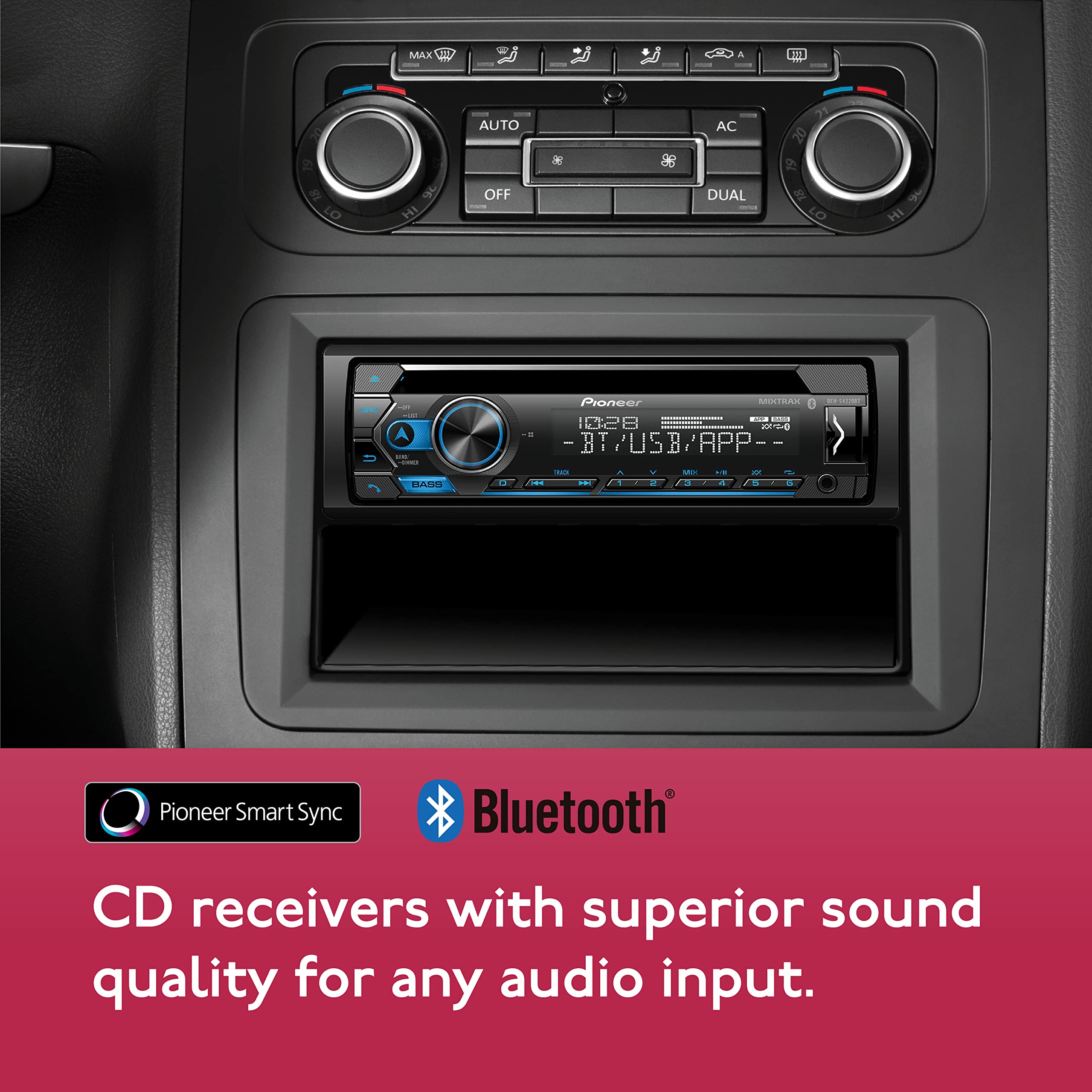 Pioneer DEH-S4220BT Single¬ Din Bluetooth CD Receiver with USB/AUX Inputs, Pioneer Smart Sync, and Hands-Free Calling for Enhanced in-Car Audio Experience.