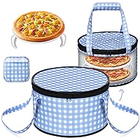 Round Pie Carrier 12 x 7 Inches Insulated Casserole Carriers Reusable Cake Carrier with Detachable Handle Round Thermal Casserole Food Carrier for Lunch Picnic Pizza (Blue and White Plaid)