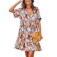 CUPSHE Women's Mini Dress V Neck Tropical Short Sleeve Loose Fit Ruffled Short Summer Beach Dress