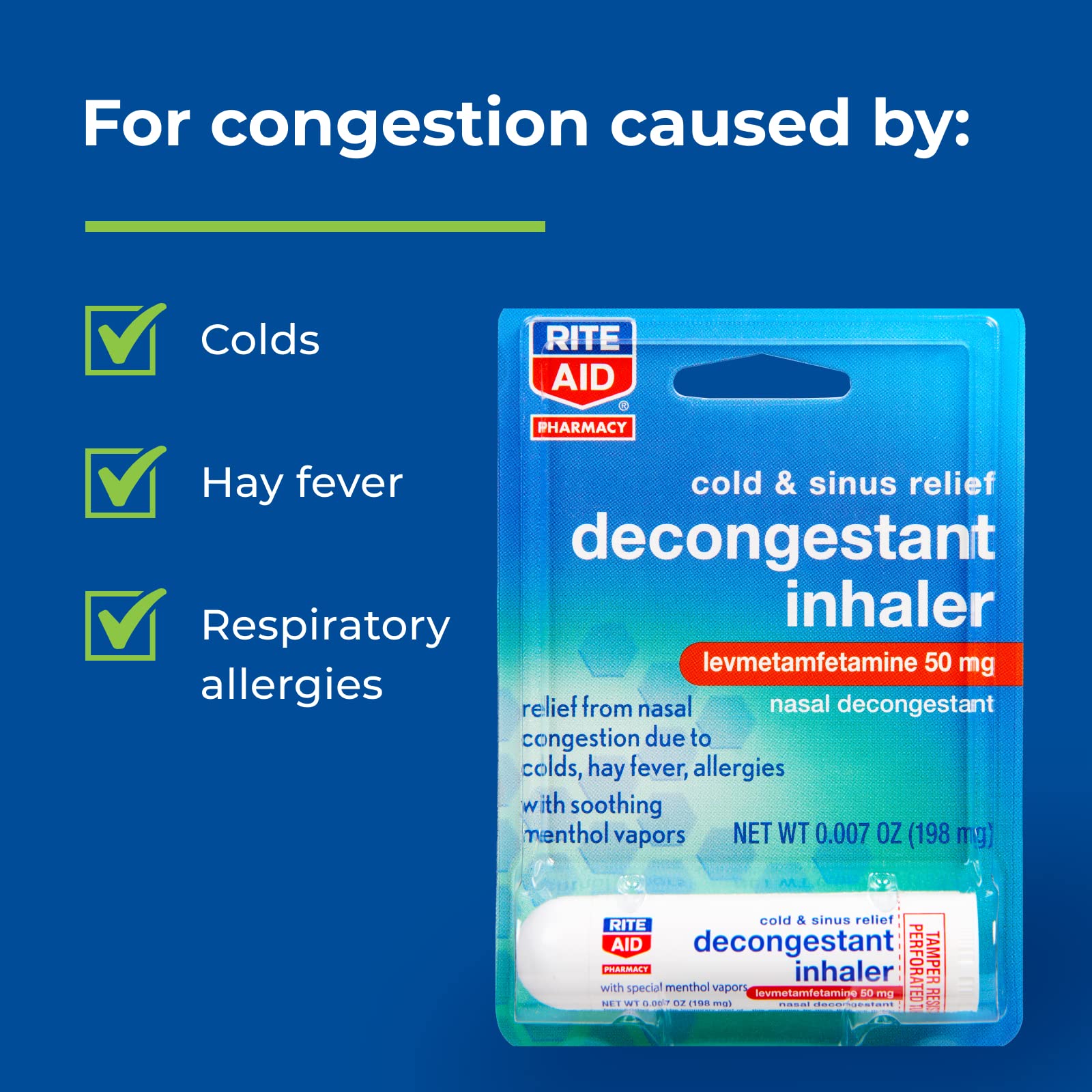 Rite Aid Nasal Decongestant Inhaler - 0.007 oz | Nasal Congestion Relief | Nasal Spray for Allergy, Cold, & Sinus | Adult & Kids Allergy Medicine & Allergy Relief | Sinus Steamer Allergy Medication