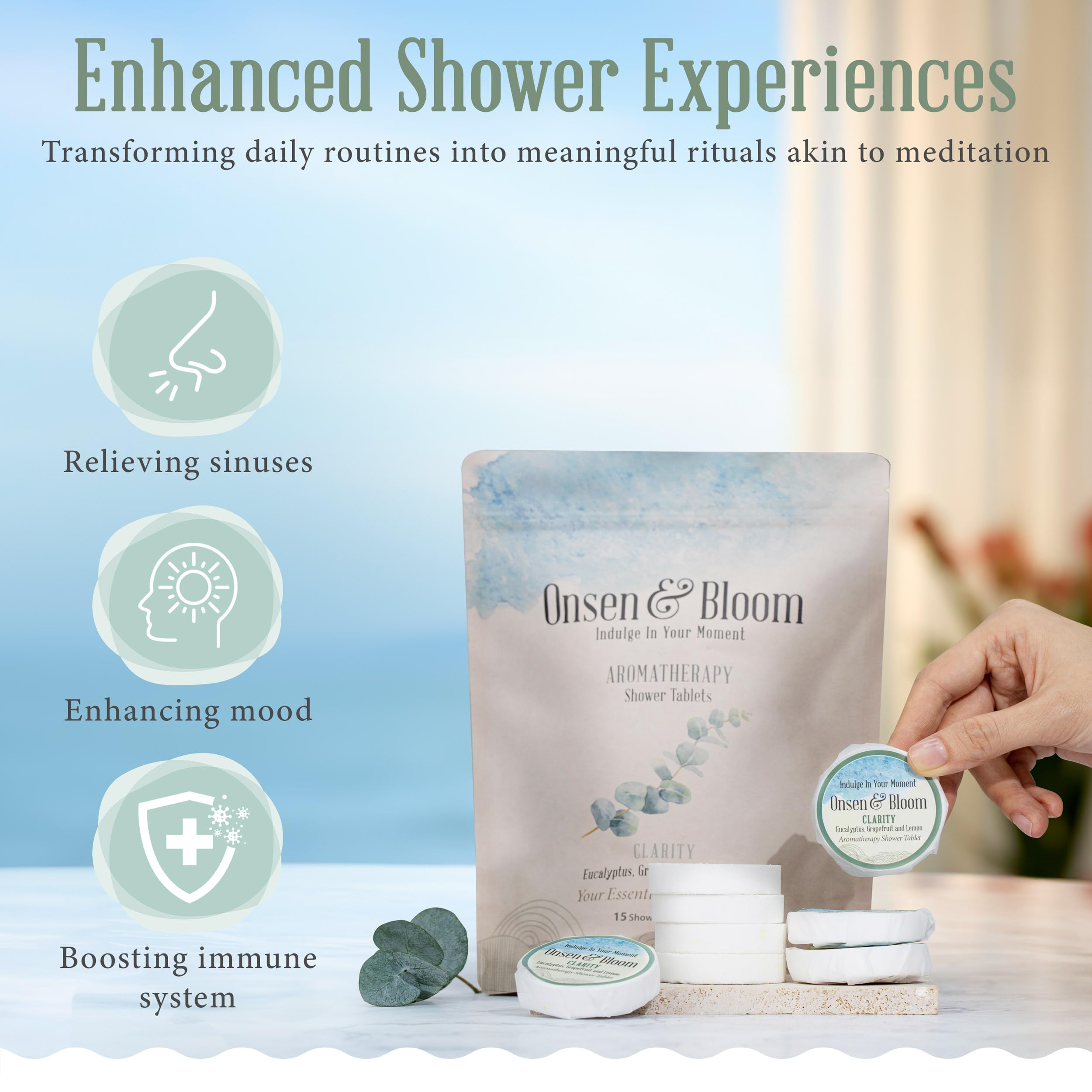 Onsen & Bloom Self Care Bundle- 15 Clarity Aromatherapy Shower Steamers with Essential Oils- 2 Pack Facial Konjac Sponge Gentle Exfoliation Duo- Shower Steamer Tray Bamboo Soap Dish with Drainage