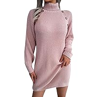 EFOFEI Women's Casual Sweater Dress Turtleneck Long Puff Sleeve Soft Sweater Dress Bodycon Pullover Mini Sweater Dress