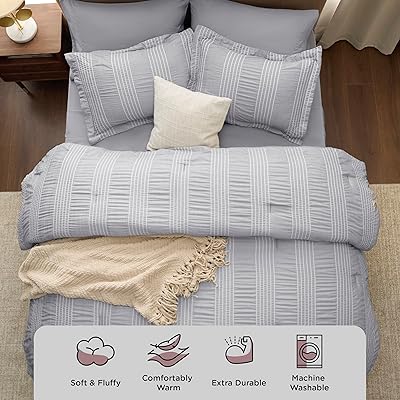  Bedsure Full/Queen Comforter Sets, 7 Pieces Bed in a Bag -  Stripes Seersucker Bedding Set with Comforter, Flat Sheet, Fitted Sheet,  Pillow Shams, Pillowcases : Home & Kitchen