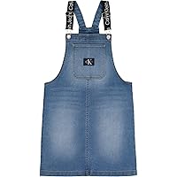 Calvin Klein Girls' Denim Skirtall Dress, Overall Style with Hook & Loop Closure, Boyfriend Fit, Functional Front Pocket
