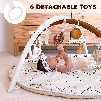 Baby Play Mat, Macrame Activity Gym Stage-Based Sensory and Motor Skill Development Language Discovery Baby Play Gym and Playmats for Newborn with 6 Featured Toys Thicker and Non Slip Mat Washable
