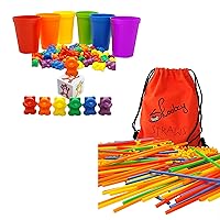 Skoolzy Rainbow Counting Bears with Matching Sorting Cups, Bear Counters and Dice Math STEM Toys Connecting Straws Building Kits