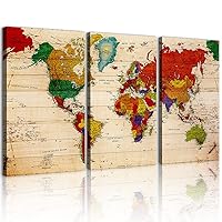 World Map Wall Art for Living Room Home Office Wall Decor World Map Paintings Decoration Vintage World Maps Canvas Pictures for Wall Large Map of The World Poster Artwork Modern Home Decor 16x32