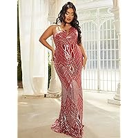 Dresses for Women 2023 Plus Geo Pattern One Shoulder Sequin Formal Dress (Color : Red, Size : X-Large)