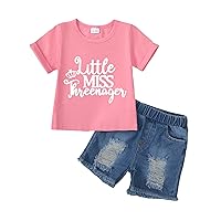OLLUISNEO Toddler Baby Girl Summer Clothes Short Sleeve Letter T-shirt Tops Ripped Denim Shorts Outfits