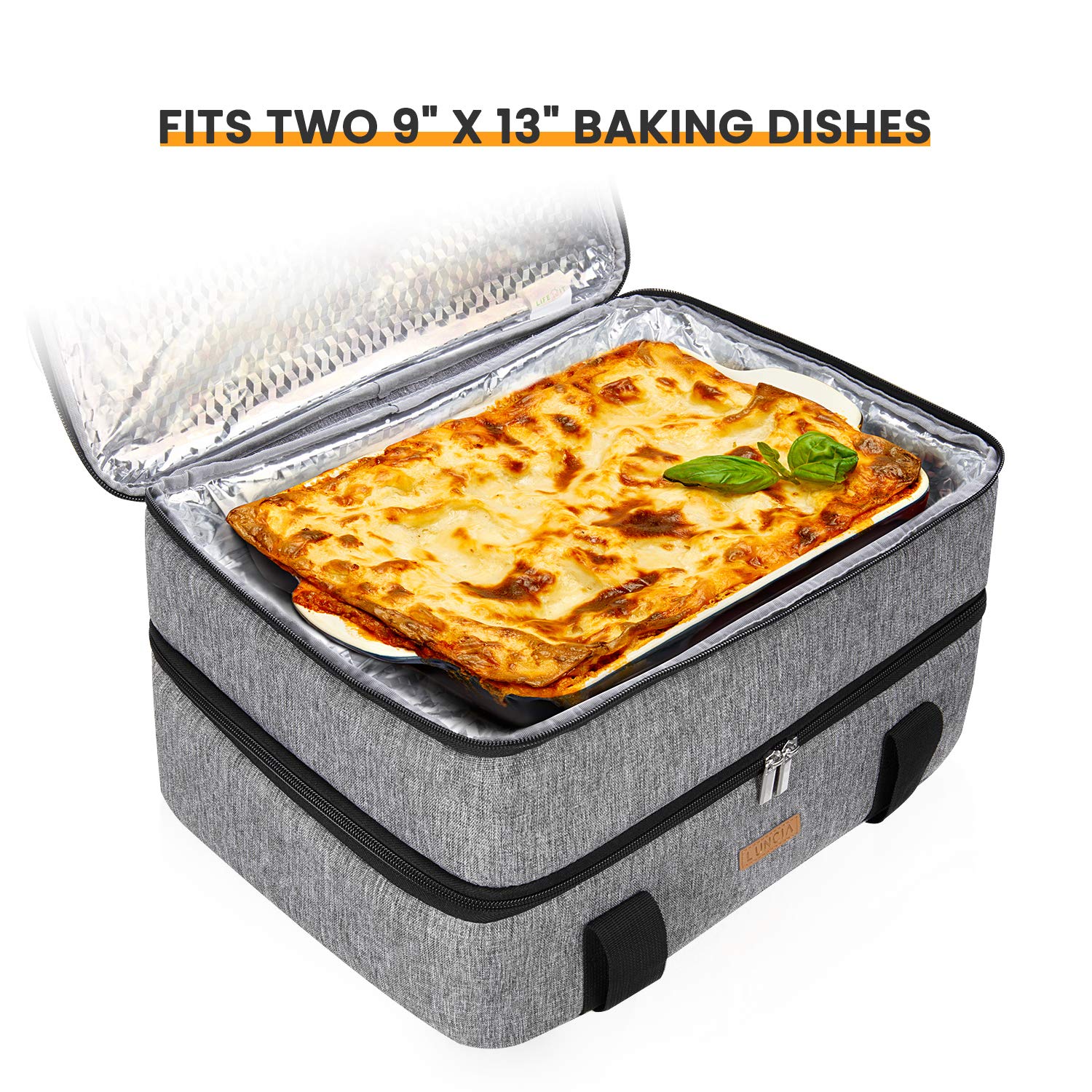 LUNCIA Double Decker Insulated Casserole Carrier for Hot or Cold Food, Lasagna Holder Tote for Potluck Parties/Picnic/Cookouts, Fits 9