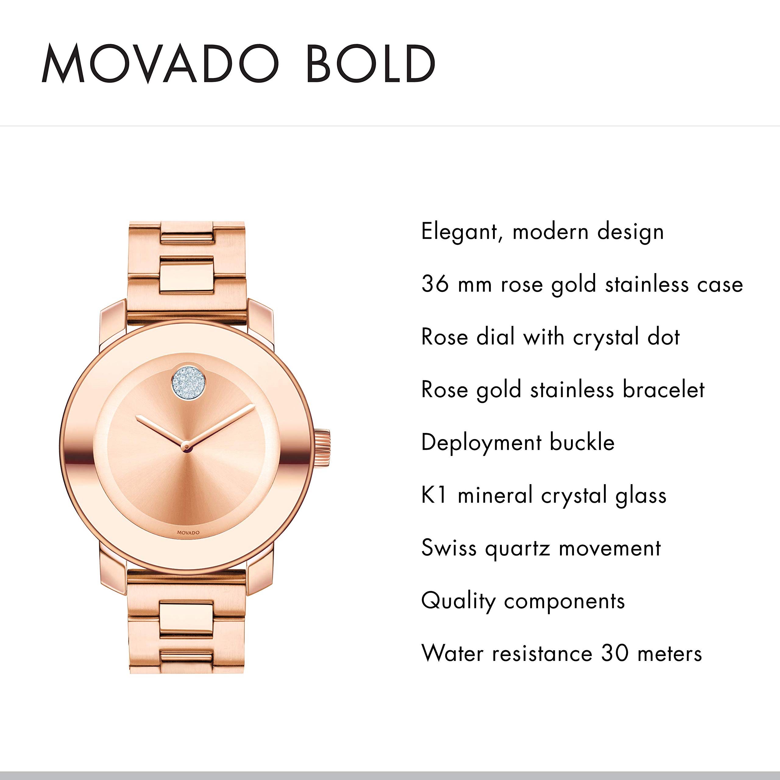 Movado Women's BOLD Iconic Metal Rose Gold Watch with a Flat Dot Sunray Dial, Gold/Pink (3600086)