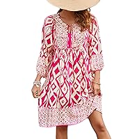 Qearal Womens Casual V Neck 3/4 Sleeve Boho Floral Printed Loose Short Mini Summer Beach Dress