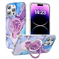 for iPhone 14 Pro Max Case Marble Pattern Style Design with Metal Ring Holder TPU Stylish Protective Case Compatible with MagSafe Phone Case for Women Men, Marble Purple Blue