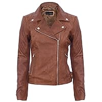 Ladies Tan Vintage Brando 100% Leather Biker Jacket