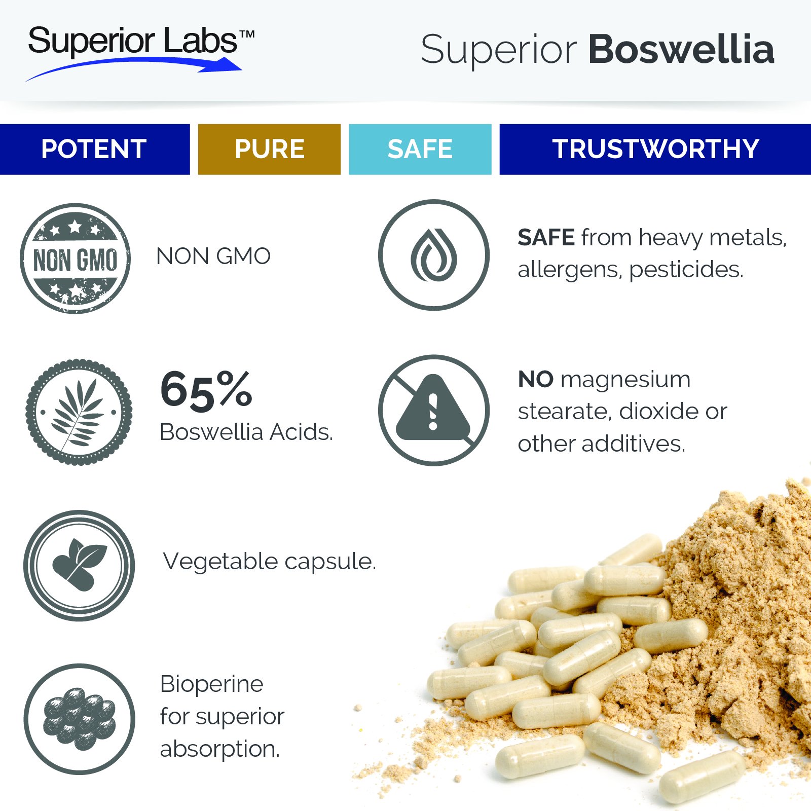 Superior Labs Boswellia Extract - Pure Non GMO Boswellic 65% Acids. Superior Absorption Zero Synthetic Additives - Powerful Formula Joint, Knees, Hips, Immune, 500mg SVG, 240 Veg Capsules