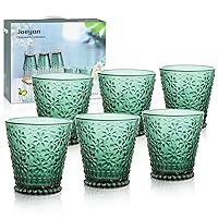 Joeyan Small Water Juice Glass Cups,Vintage Green Colored Drinking Glasses,Pretty Embossed Kitchen Glassware Set,Cute Floral Cup for Soda Lemonade Cocktail Wine,6 Pack,8.5 oz,Dishwasher Safe