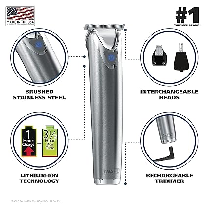 Wahl USA Stainless Steel Lithium-Ion Cordless Beard Trimmer for Men - Rechargeable All in One Men's Beard Trimmer with Rotary Ear & Nose Trimmer, & Detail Trimmer - Model 9818A