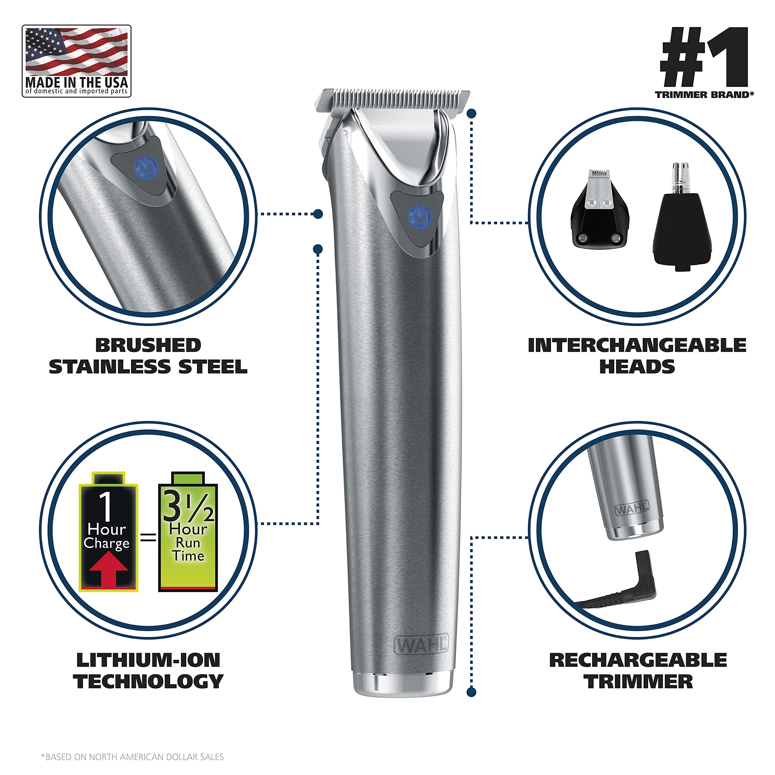 Wahl USA Stainless Steel Lithium-Ion Cordless Beard Trimmer for Men - Rechargeable All in One Men's Beard Trimmer with Rotary Ear & Nose Trimmer, & Detail Trimmer - Model 9818A