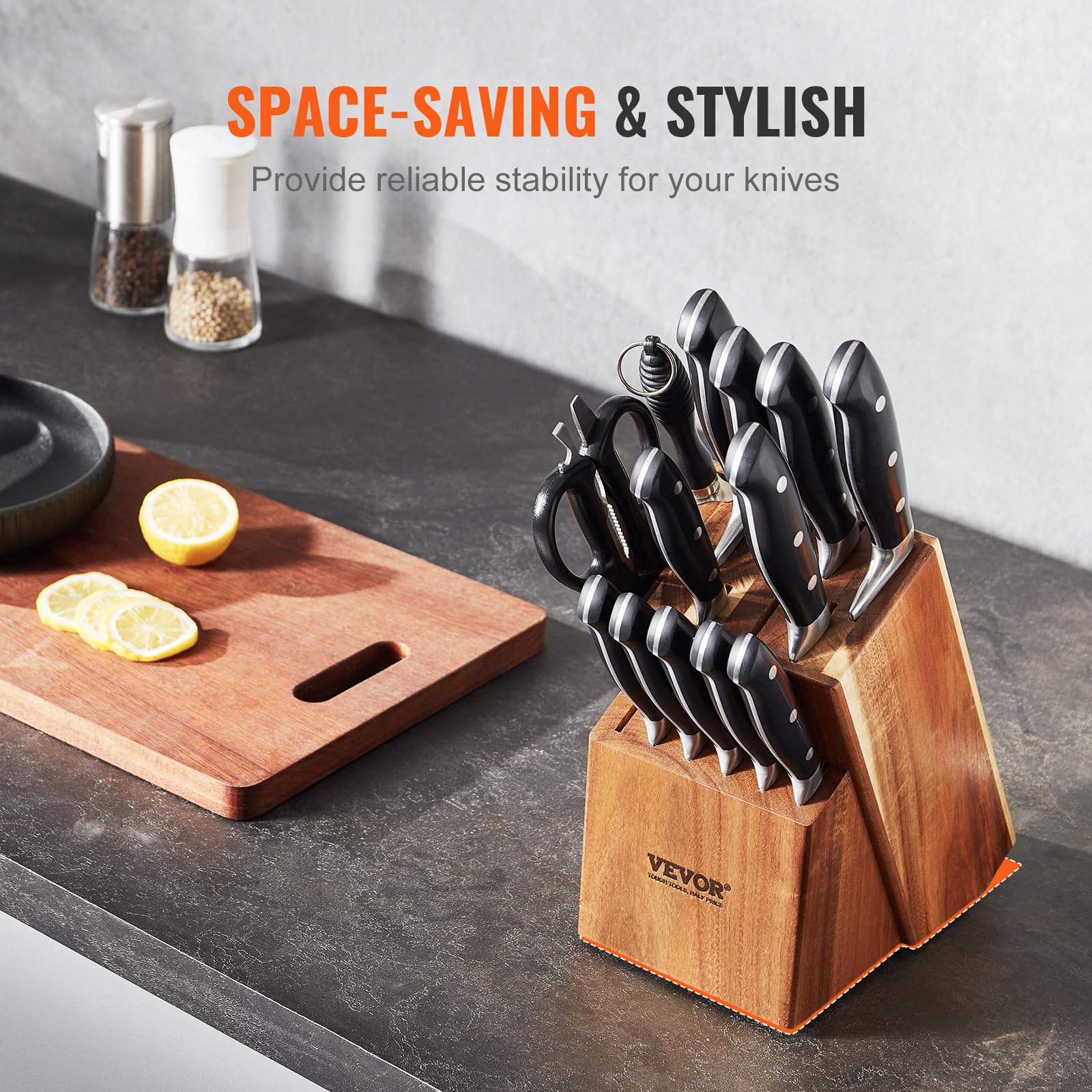 VEVOR Knife Storage Block 15 Slots, Acacia Wood Universal Knife Holders Without Knives, Large Countertop Butcher Block Knife Organizer, Multifunctional Knife Rack Stand for Easy Kitchen Storage