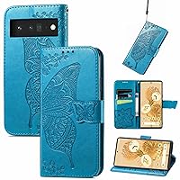 Butterfly Embossed Leather Flip Wallet Phone Case for Google Pixel 6 5 4 3 Pro XL 5A 4A 3A 4G 5G Shell, Cardholder Stand Back Cover Bumper(Blue,Pixel 3 XL)