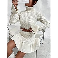 Women's Fashion Dress -Dresses Turtleneck Flounce Sleeve Ruffle Hem Sweater Dress Without Belt Sweater Dress for Women (Color : Beige, Size : Small)