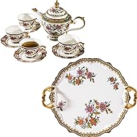 ACMLIFE Bone China Tea Set for 4 Adults, Floral Serving Tray with Handles, Vintage Serving Trays for Entertaining Party or Food