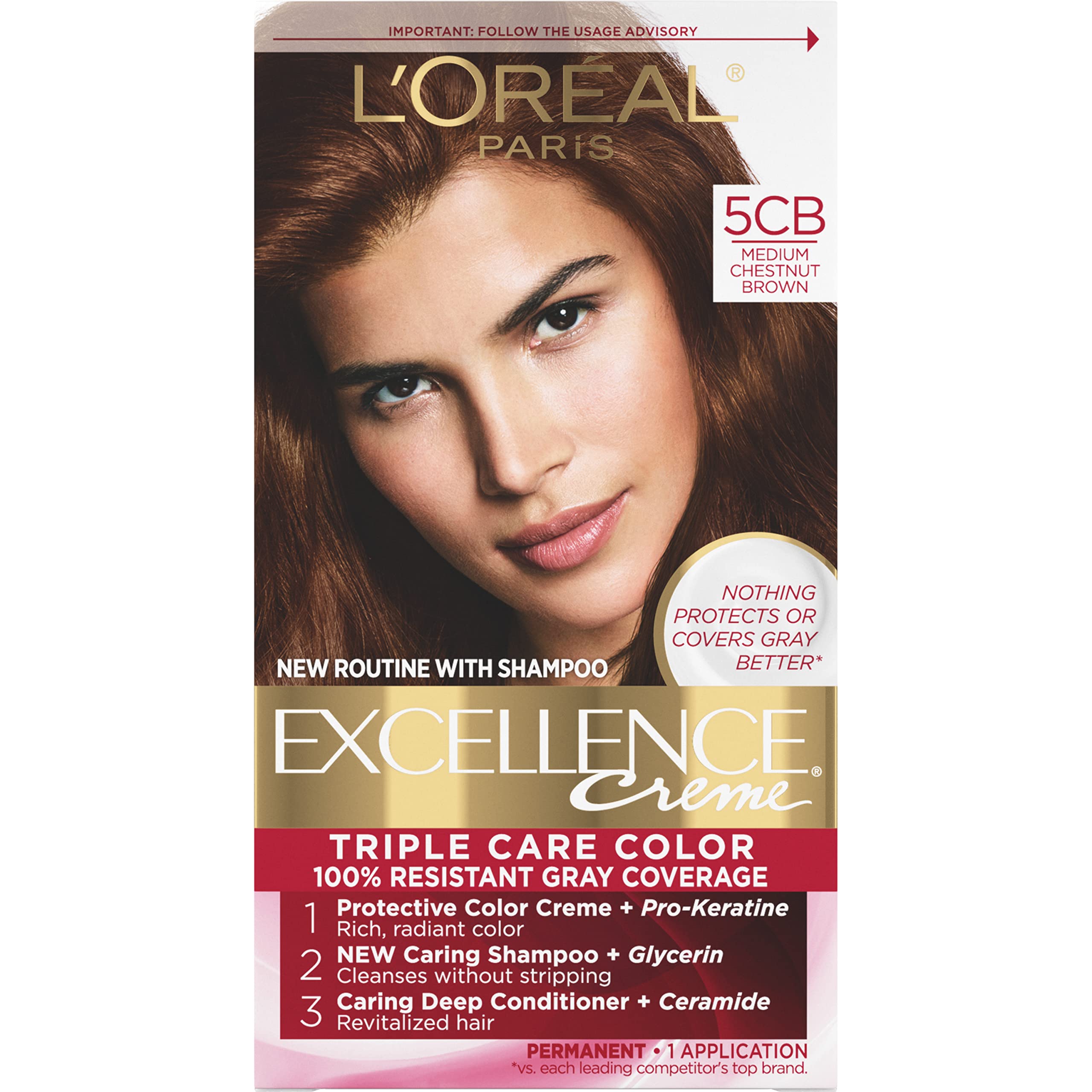 L'Oreal Paris Excellence Creme Permanent Triple Care Hair Color, 5CB Medium Chestnut Brown, Gray Coverage For Up to 8 Weeks, All Hair Types, Pack of 1