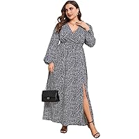 KOJOOIN Women Plus Size Wrap Maxi Dress Long Lantern Sleeves Empire Waist Split A Line Boho Casual Dresses