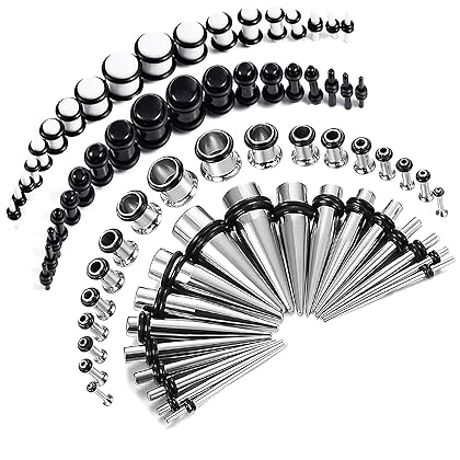 BodyJ4You 72PC Ear Stretching Kit - 14G-00G Beginner Gauges - Aftercare Jojoba or Ear Balm - Surgical Steel Tunnels Solid Metal Tapers Acrylic Plugs - Men Women Unisex Body Jewelry