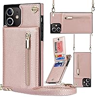 XYX Wallet Case for iPhone 12, Crossbody Strap PU Leather Zipper Pocket Phone Case Women Girl with Card Holder Adjustable Lanyard for iPhone 12, Rose Gold