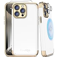 COOLQO Magnetic for iPhone 15 Pro Max Case 2X[Tempered Glass Screen Protector+Camera Lens Protectors] Shockproof Protective Phone Case for iPhone 15 Pro Max, White Gold