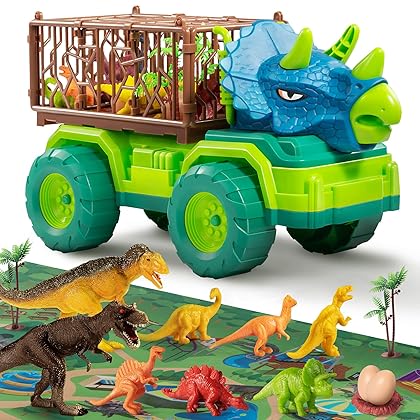 TEMI Dinosaur Truck Toy for Kids 3-5 Years, Triceratops Transport Car Carrier Truck with 8 Dino Figures, Activity Play Mat, Dino Eggs and Trees, Capture Jurassic Dinosaurs Play Set for Boys and Girls