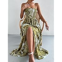 Summer Dresses for Women 2022 Tropical Print Shirred Split Thigh Cami Dress (Color : Olive Green, Size : XS)