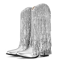 Silver Boots for Women Metallic Boots Fringe Cowboy Boots for Women Sparkly Cowgirl Boots Glitter Boots Chunky Heel Western Women's Mid Calf Boots Short Wide Calf Boots