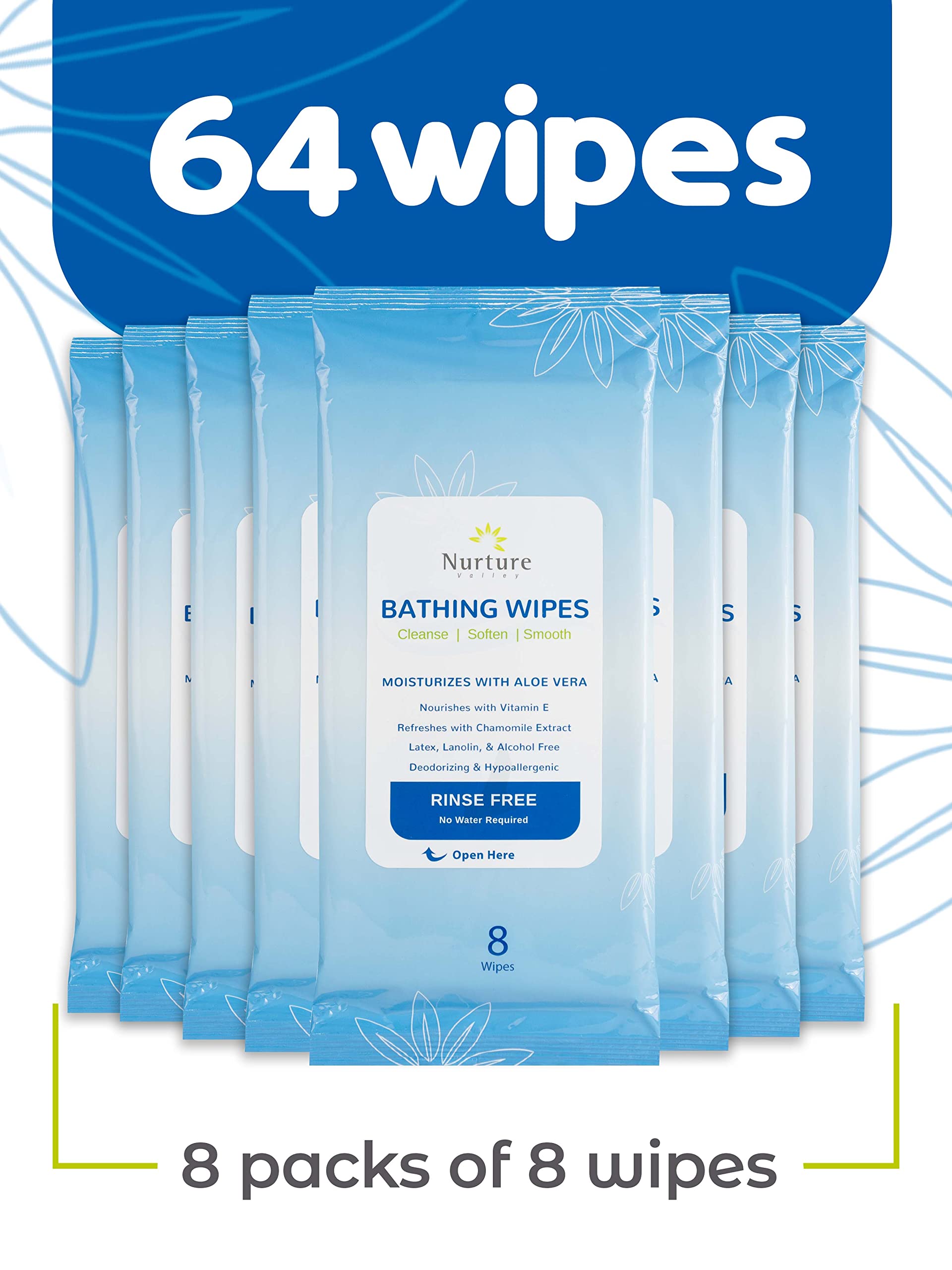 Nurture Valley Rinse Free Bathing Wipes for Adults | Waterless Cleansing w/Aloe for Sensitive Skin | Disposable Adult Body Bath Wet Wipe | Disabled Bedridden Elderly Care Home Hospital & Travel