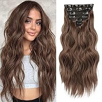 NAYOO Clip in Hair Extensions for Women 20 Inch Long Wavy Curly Chestnut Brown Hair Extension Full Head Synthetic Hair Extension Hairpieces(6PCS,Chestnut Brown)
